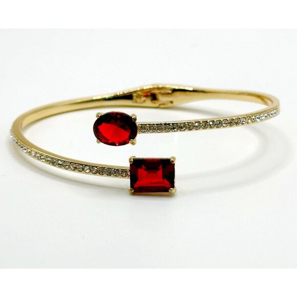Lauren Ralph Lauren Pave Gold Plated Red Clear Crystal Hinged Bangle - Picture 1 of 6